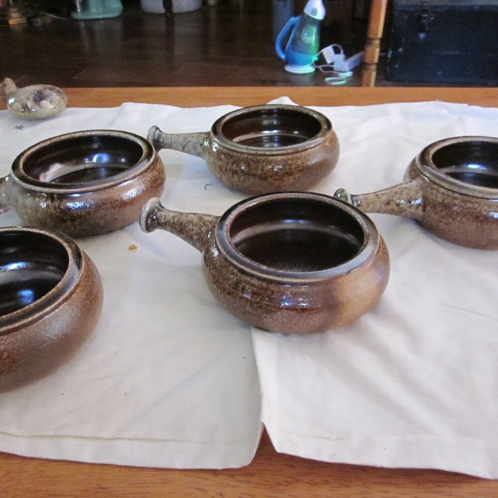 vtg set of 5 art studio signed pottery brown handled glazed bowls MINT